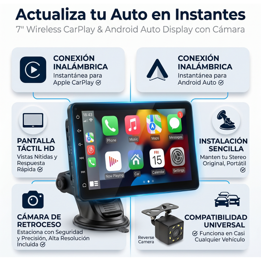 Pantalla Inteligente 7" con Carplay Inalámbrico y Android Auto