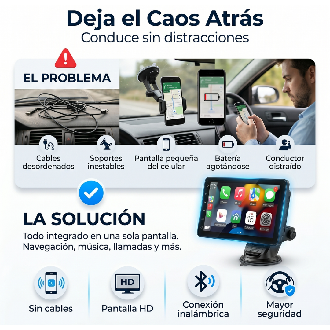 Pantalla Inteligente 7" con Carplay Inalámbrico y Android Auto